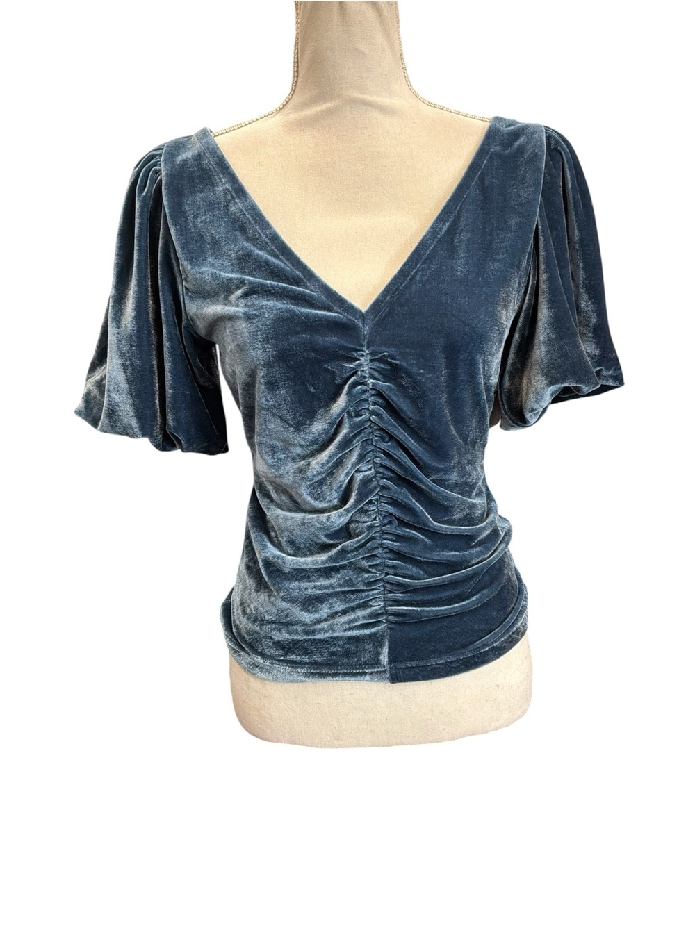 Free People Velvet Ruched Puff Sleeve V-Neck Top Blue Gray Small NWT - Picture 2 of 11